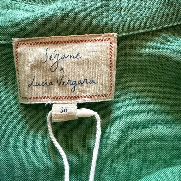 Sézane X Lucia Vergara Green Linen Embroidered Cottagecore Blouse Avant Garde - Picture 9 of 13